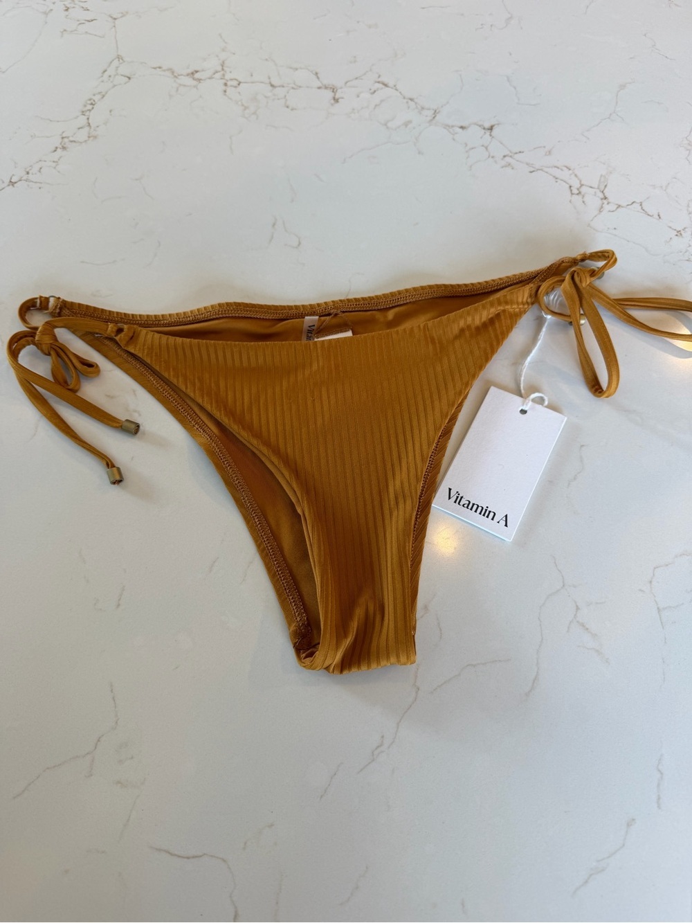 NWT Vitamin A Mustard Ribbed Tie-Side Bikini Bottom Retail $120 / LG